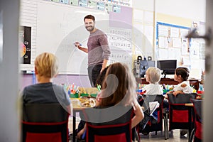 Male Teacher Standing At Whiteboard Teaching Maths Lesson To Elementary Pupils In School Classroom