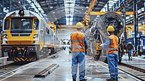 A Male Technician and Female Engineer in Safety Helmets Conduct Thorough Inspections and Maintenance of Electric Train Parts at a