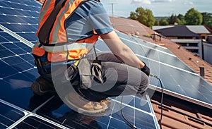 Male technician installing photovoltaic blue solar panel on a rooftop