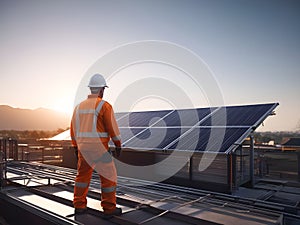 Male technician in orange uniform working with solar panels on the roof. AI generated