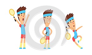 Male Tennis Player Character in Various Poses Set, Athlete in Sports Uniform Playing Tennis with Racket and Ball Cartoon