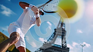 A male tennis player serves tennis ball, against the soft background of the Eiffel Tower, Summer Olympics in Paris