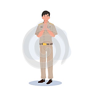 male Thai government officers in uniform. Thai man teacher, welcome greeting 'sawasdee' .cartoon character, Flat Vector