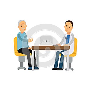 Male therapist in uniform sitting behind table and talking with old man patient
