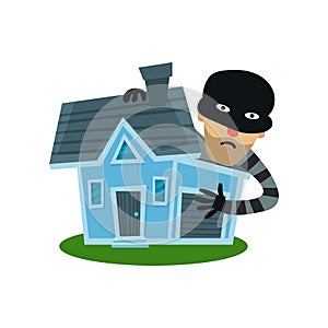 Male thief in mask robbed house, property insurance vector Illustration