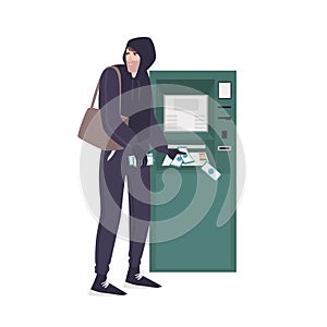 Male thief stealing money banknotes from ATM. Young angry man in hoodie committing crime. Theft or burglary in bank