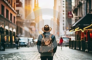 A male tourist with a backpack and a hat against the backdrop of a city street. View from the back. Journey