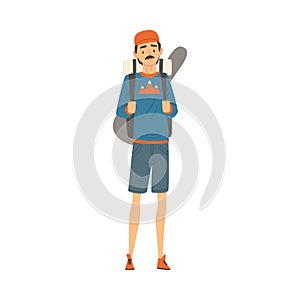 Male Tourist with Backpack, Man Going on Summer Vacation, Hiking, Adventures, Active Recreation Vector Illustration