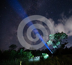 Male tourist with flashlight on head, starry sky in woods