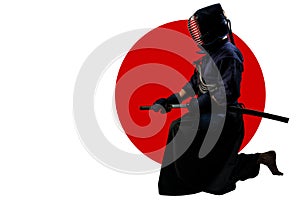 Male in tradition kendo armor with Samurai sword katana on red moon and white background.