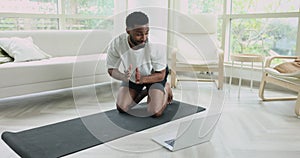 Male trainer start yoga class teach asanas by videocall