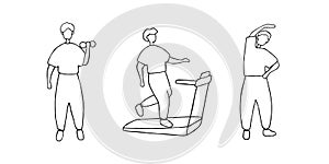 Male training, workout concept. Man doing different sport exercises. Doodle vector illustration