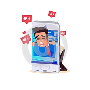 Male trapped in smartphone. smartphone addict concept - vector illustration