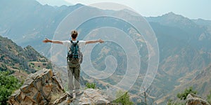 A male traveler with raised hands standing stands on the top of a mountain with white fog below.