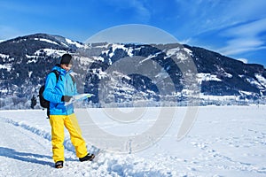 Male traveler in winter clothing