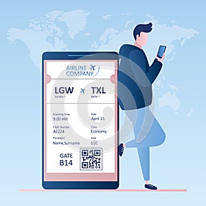 Male traveller with smartphone,online check-in,Airline boarding pass ticket with barcode code