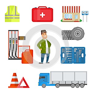 Male Trucker and Road Attributes Collection, Safety Vest, First Aid Kit, Toolbox, Tire Wheels, Road Emergency Signs