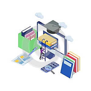 Male try to climb book in the computer with stair. E-learning concept for graduation with isometric illustration. Computer technol