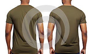 Male tshirt template front and back view isolated on white background, Male model wearing a dark olive color VNeck tshirt on a