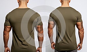 Male tshirt template on a mannequin, front and back view, Male model wearing a dark olive color VNeck tshirt on a White background