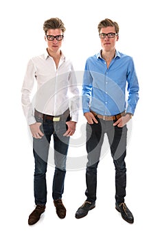 Male twins with white and blue blouse
