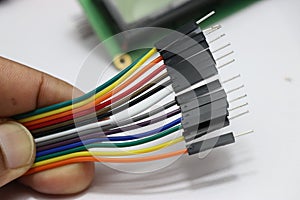 Male type Jumper wires connectors. Cables used in development board projects to establish connection between electronic components