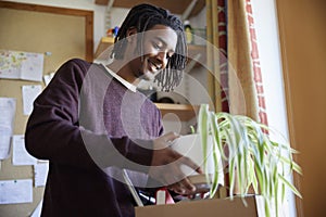 Male University Or College Student Moving Into Campus Room Unpacking  Plant