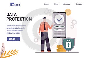 Male user put data protection and secure sign-in against hacker attacks. Profile and account protect on internet