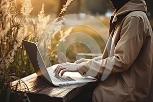 male using digital laptop computer outdoors, closeup on hands of man in coat