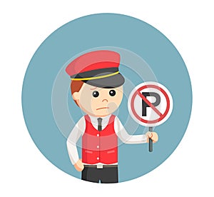 Male valet services holding a no parking sign