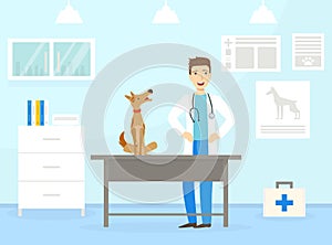 Male Veterinarian Doctor Examining Dog on Table in Vet Clinic, Professional Veterinary Consultation Concept Flat Vector