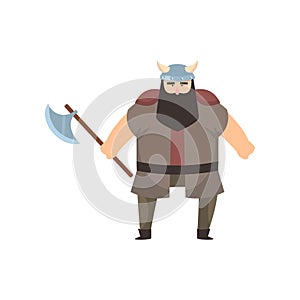 Male viking with strong physique and bellicose air stands holding battle-axe over white background