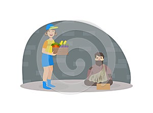 Male Volunteer Bringing Food to Homeless Woman, Volunteering, Charity, Supporting People Concept Vector Illustration