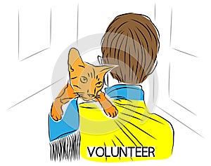 Male volunteer is cuddling rescued stray cat. Sick street cat sits on shoulder of volunteer, an animal shelter worker