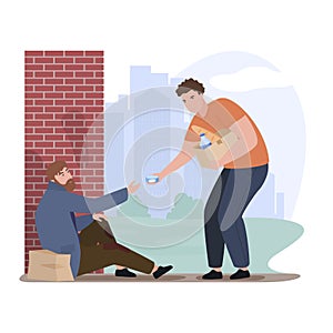 Male volunteer help homeless giving food at city street vector flat illustration