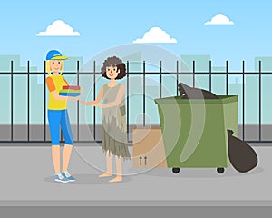 Male Volunteer Helping Homeless Woman, Volunteering, Charity, Supporting People Concept Vector Illustration