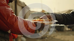 A male volunteer in a red jacket passes a plate of food to a person in need. Free food distribution. The action takes place in a