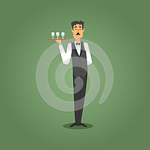 Male Waiter In Bow Tie Serving Champagne To Gamblers, Gambling And Casino Night Club Related Cartoon Illustration