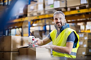 Male warehouse worker sealing cardboard boxes.