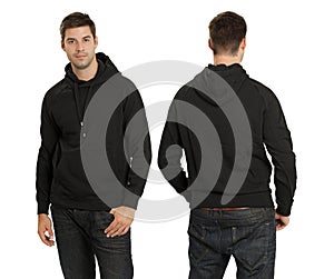 Male wearing blank black hoodie