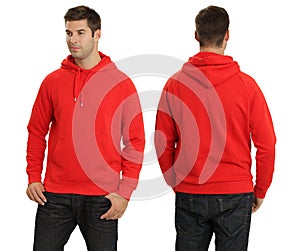 Male wearing blank red hoodie