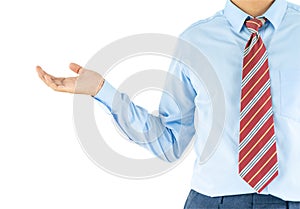 Male wearing blue shirt reaching hand out with clipping path