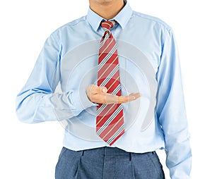 Male wearing blue shirt reaching hand out with clipping path