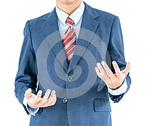 Male wearing blue in suit reaching hand out with clipping path