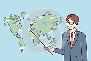 Male weather forecaster showing precipitation prediction map in different parts world. Vector image