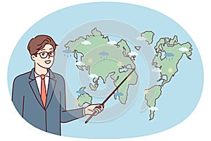 Male weather forecaster showing precipitation prediction map in different parts world. Vector image