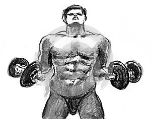 Male Weightlifter in Bikini Briefs Black and White Watercolor Illustration
