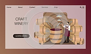 Male winemaker checks wine during fermentation process in large wooden vat at cellar with oak barrels. Website design concept,