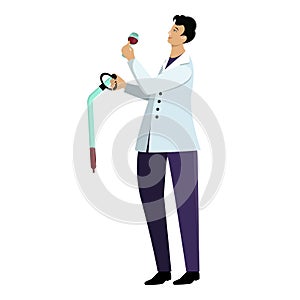 Male winemaker in lab coat takes a sample of wine using a pipette at the winery