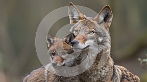 Male wolf and cub portrait, object included, ample empty space on the left ideal for text